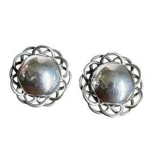 Taxco Earrings Flower‎ Clip Round Chunky 1 3/8" Mexico 925 Sterling Silver 23.7g
